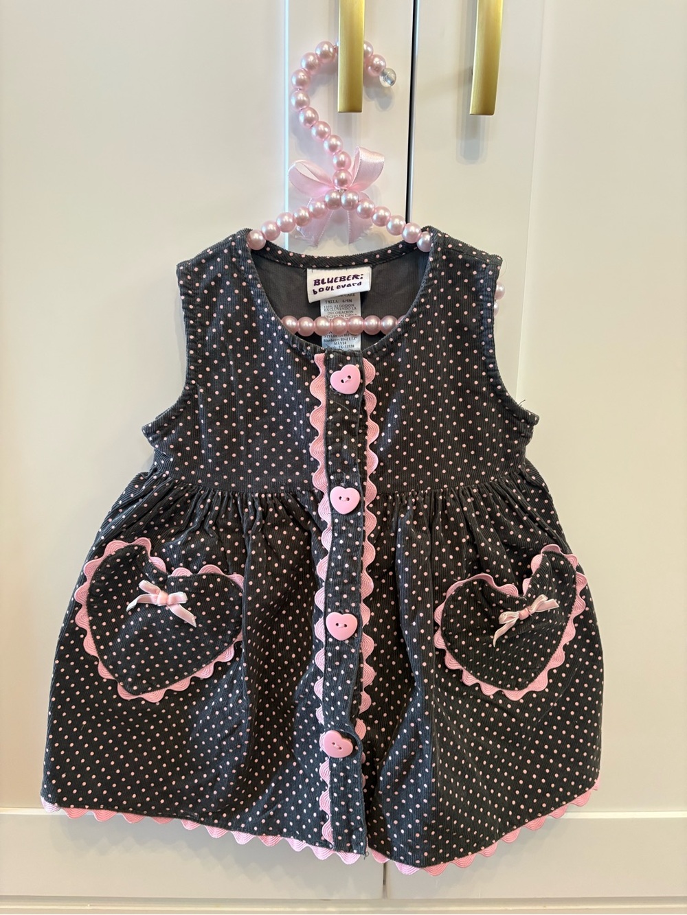 Vintage Blueberi Boulevard gray and pink corduroy heart jumper dress